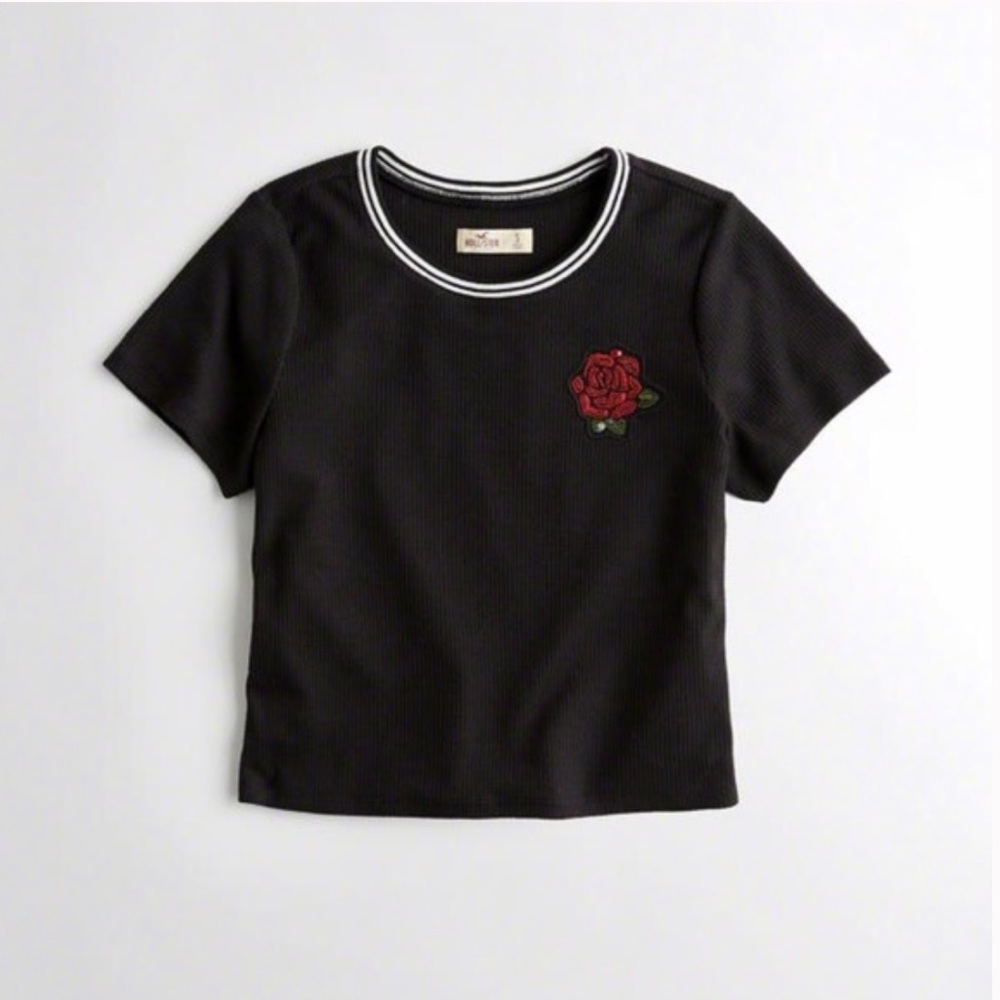 Hollister black waffle t-shirt with sequin rose